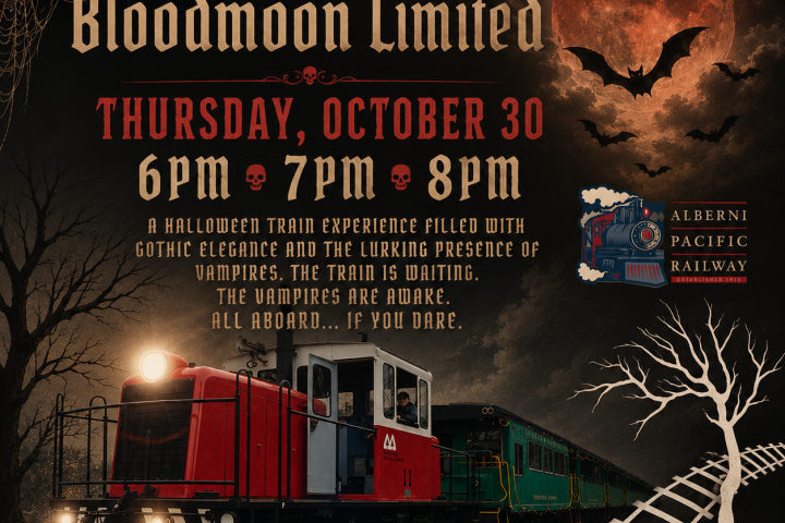 Halloween-themed train poster with spooky imagery and event details.