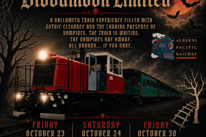Halloween-themed train poster with gothic style, bats, and event details.