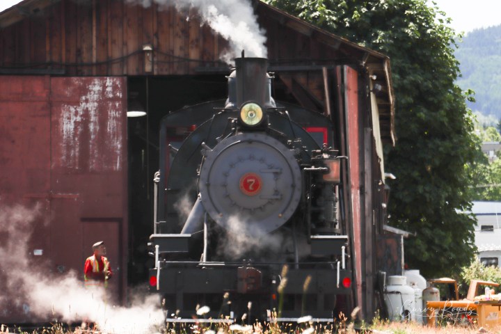 Steam locomotive emerging from a wooden shed, emitting smoke.