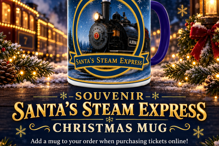 Santa's Steam Express mug with train background and festive decorations.
