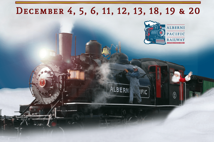 Steam train with Santa figure, dates and railway poster text.