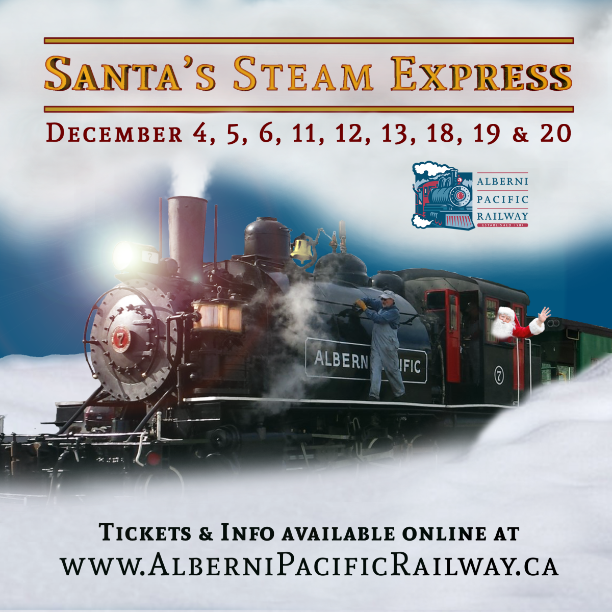 Steam train with Santa figure, dates and railway poster text.