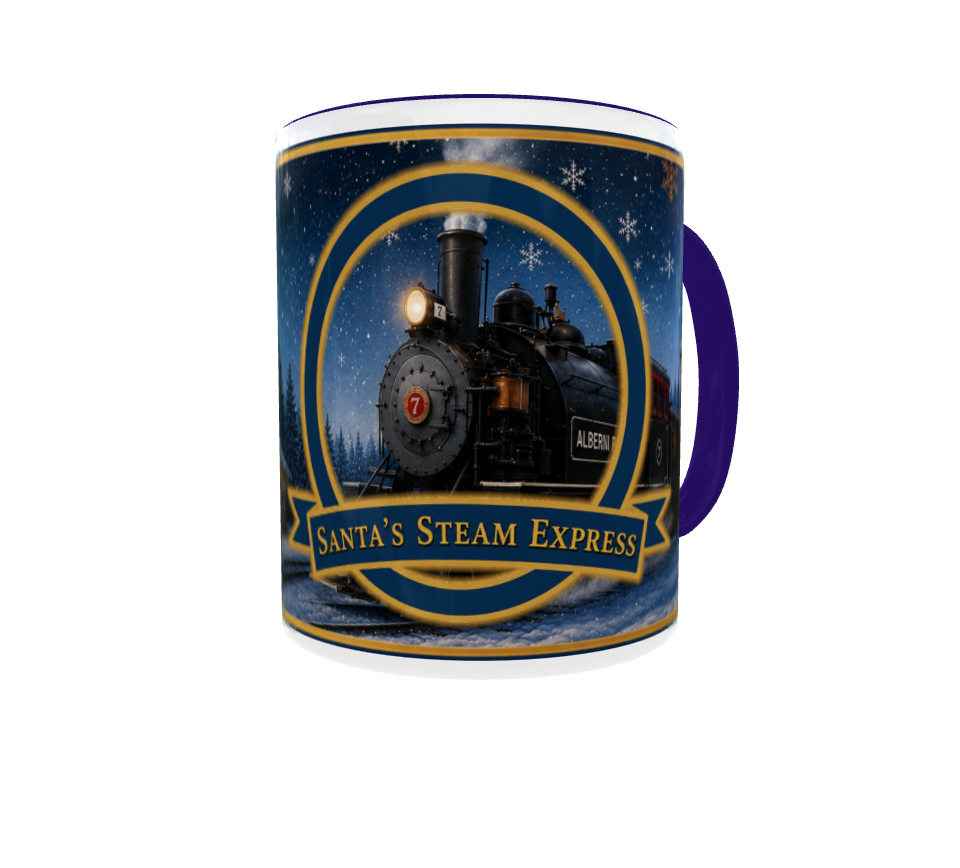 Mug featuring a steam train labeled 'Santa's Steam Express' with a night sky background.