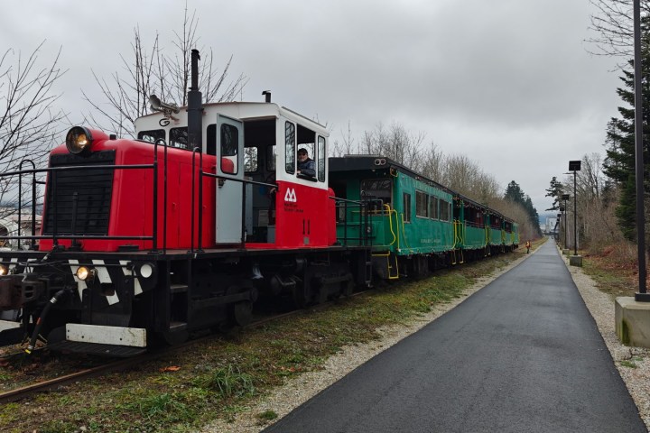 Red and green train on a track beside a paved path in a leafless wooded area.