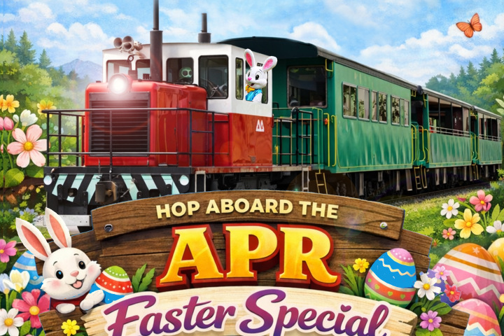 Cartoon Easter train with bunny conductor, colorful eggs, flowers, and text 'Hop Aboard the APR Easter Special'.