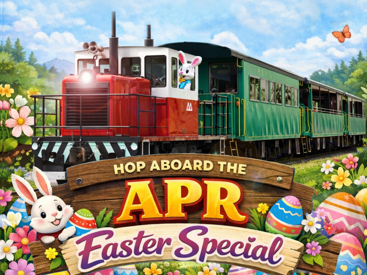 Cartoon Easter train with bunny conductor, colorful eggs, flowers, and text 'Hop Aboard the APR Easter Special'.