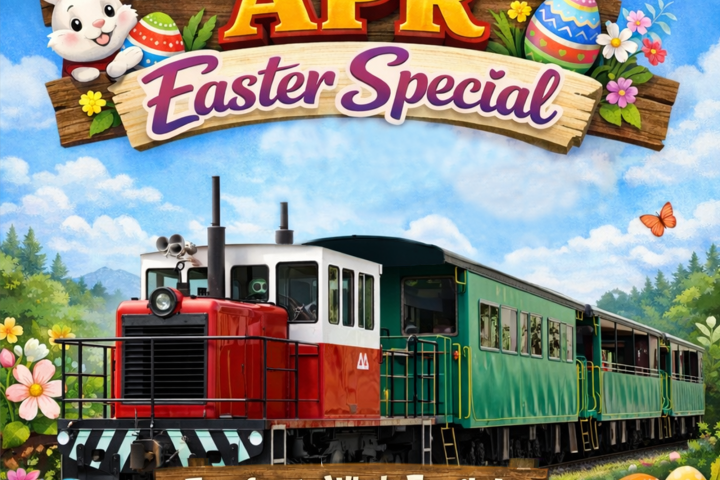 Colorful train with Easter decorations and playful bunny on advertisement for APR Easter Special event.