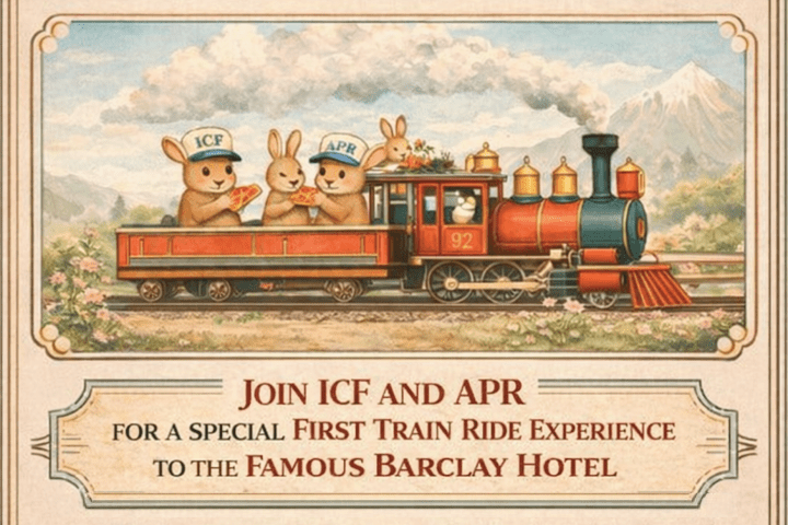 Three cartoon rabbits in train uniforms on a vintage red train with mountains in the background.