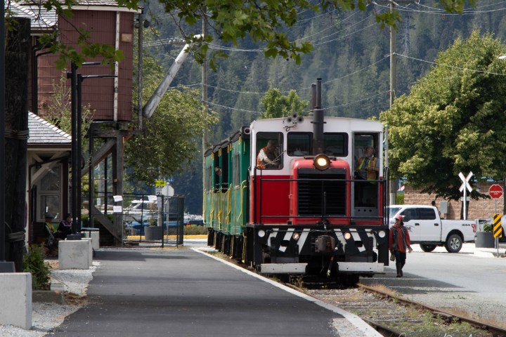 Red and green train approaching a small station with trees and mountains in the background.