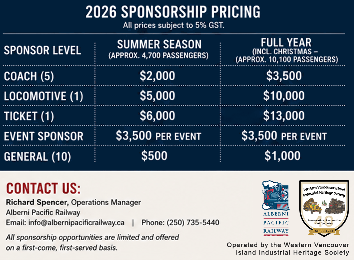 2026 sponsorship pricing chart for Alberni Pacific Railway, listing costs for various sponsor levels.
